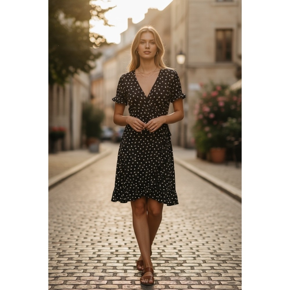 Gilli Black White Polka Dot Wrap Dress Ruffle Hem Short Sleeve Women Size Small